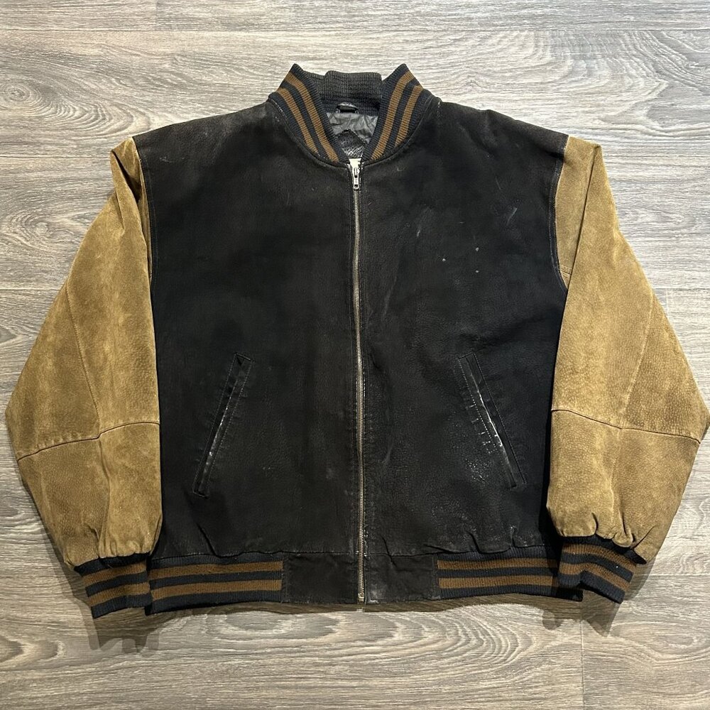 VTG Falls Creek 2X Two Tone Leather Varsity Bomber Jacket Black Tan Leather Coat
